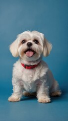 Obraz premium Small White Dog with Curly Coat Sitting on Blue Background