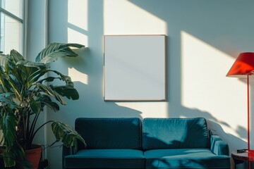 big poster mockup blue couch red lamp