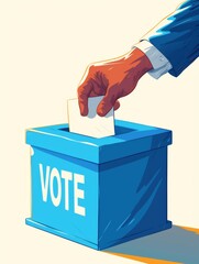 Vector Flat Illustration of a Hand Inserting Paper into a Ballot Box with the Word "VOTE" in Simple Design on White and Blue Background

