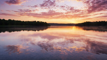 Dawn over a serene lake; golden light illuminates the sky in pink and lavender hues with wispy clouds.