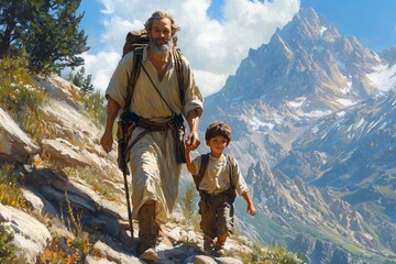 Obraz premium A man and a boy hike through the mountains on a sunny day