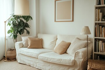 Naklejka premium Poster mockup, Living room with an off-white linen couch, white walls, and light brown carpet.