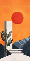 Abstract Cactus Illustration with Sunset