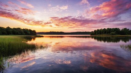 Obraz premium Dawn over a serene lake; golden light illuminates the sky in pink and lavender hues with wispy clouds.