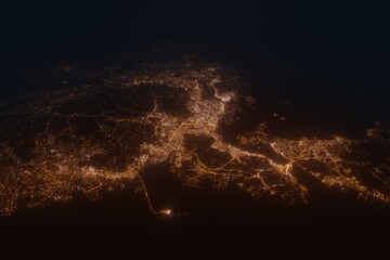 Aerial view on Kitakyushu (Japan) from east. Top view on modern city at night from space
