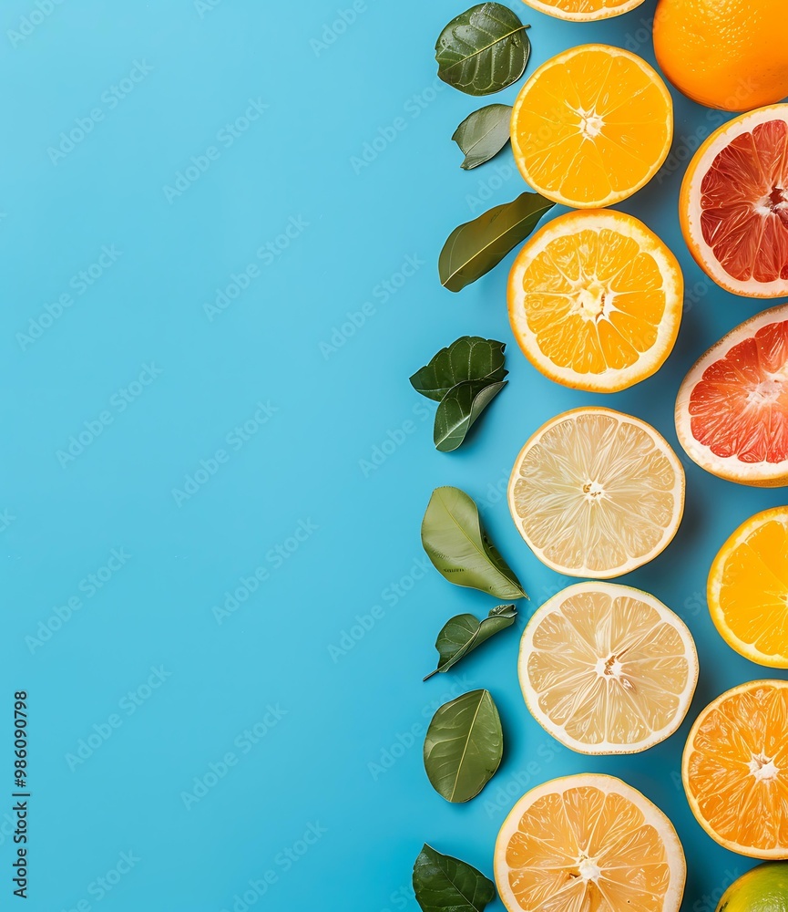 Poster Fresh Citrus Fruits Halves Arranged on Blue Background