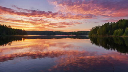 Fototapeta premium Dawn over a serene lake; golden light illuminates the sky in pink and lavender hues with wispy clouds.