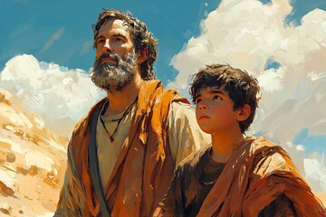 Fototapeta premium Abraham and Isaac: The Journey Back from Sacrifice in Inspirational Illustration