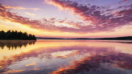 Dawn over a serene lake; golden light illuminates the sky in pink and lavender hues with wispy clouds.