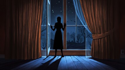 Fototapeta premium A shadowy figure stands before a large window, gazing out into the starry night, illuminated by the soft glow of a candle at their feet