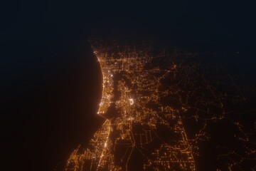 Aerial view on Biloxi (USA) from east. Top view on modern city at night from satellite