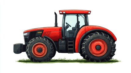 Red tractor on a white background, with a grass patch below.