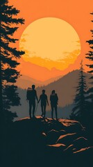 Silhouettes of Three Hikers on a Mountaintop at Sunset