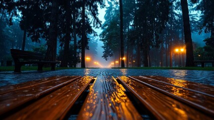 Rainy Evening in a Misty Park Pathway