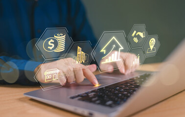 Digital banking service solution, real estate investment market, financial technology concept. Man use computer laptop search digital banking icons. Modern online payment systems, e-commerce currency