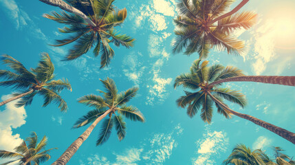 Beneath palm trees, vibrant blue sky creates serene atmosphere