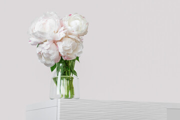 White Peonies In Glass Vase Are Standing On A White Furniture Against A White Wall, With Copy Space
