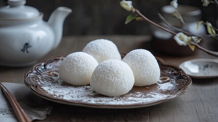 A beautiful arrangement of daifuku mochi on a decorative plate with powdered sugar and a teapot in the background.