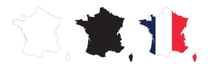 Fototapeta premium France map in various style outline, icon, black color, border, flag colors. Europe country icons collection. Vector illustration