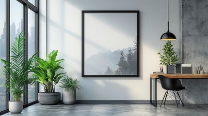 sleek black picture frame mockup on a minimalist white wall with a potted plant and modern desk lamp creating an elegant home office vibe
