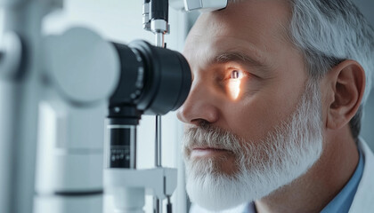A man sits at a special device with his chin on a stand and the doctor directs a thin beam of light at his eye to check the condition of the cornea