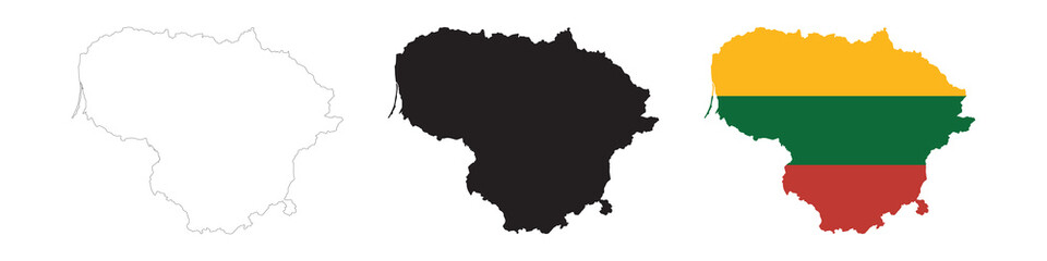 Obraz premium Lithuania map in various style outline, icon, black color, border, flag colors. Europe country icons collection. Vector illustration