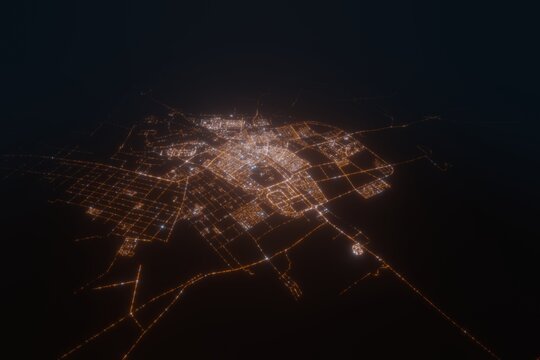 Aerial view on Tabuk (Saudi Arabia) from north. Satellite view on modern city at night