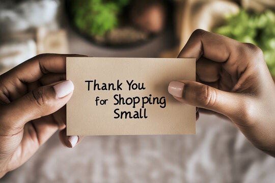 Black hands holding a thank-you card for shopping small, promoting local businesses and customer appreciation, ideal for Small Business Saturday and Giving Tuesday