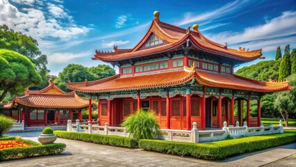 Obraz premium In a tranquil park, a stunning Ornate Chinese-style structure rises with its radiant red walls and iridescent glazed tile roof, fostering a sense of serene relaxation.