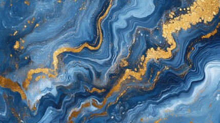 Fototapeta premium Abstract blue and gold marbling background with swirling patterns and glitter.