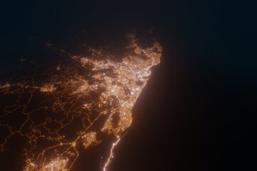 Aerial view on Recife (Brazil) from south. Top view on modern city at night from satellite