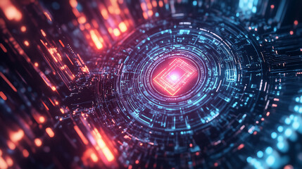 Obraz premium Quantum computing breaking new ground in cryptography research, using advanced algorithms and quantum principles to revolutionize data security. The scene represents the cutting-edge of computational 