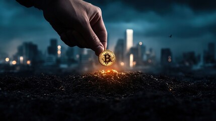 Hand Holding Bitcoin on Dark Ground with City Background