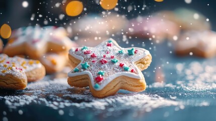 Festive star-shaped cookie decorated with icing and sprinkles, surrounded by a sprinkle of snow, perfect for holiday celebrations.