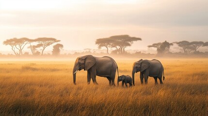 Elephant Family Walking Through Grassy Plain. African Savanna Landscape Background.