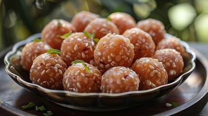 Deliciously crafted sesame ladoos served on an elegant plate, perfect for festive celebrations and gatherings. Generative AI