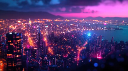 Obraz premium A stunning view of a city at night from the top of a hill, with glowing buildings and vibrant lights, digitally rendered in luxurious detail