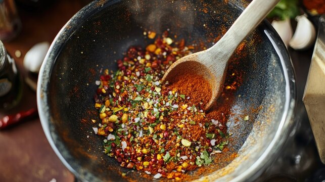 A birds eye view of a vibrant spice blend being mixed in a bowl, with spices like paprika, garlic powder, and cumin visible.