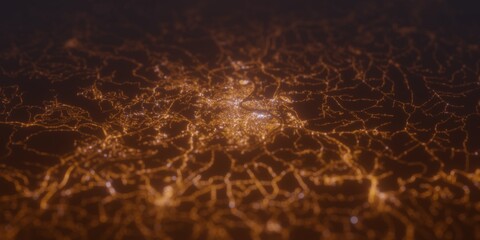 Street lights map of Morgantown (West Virginia, USA) with tilt-shift effect, view from north. Imitation of macro shot with blurred background. 3d render, selective focus