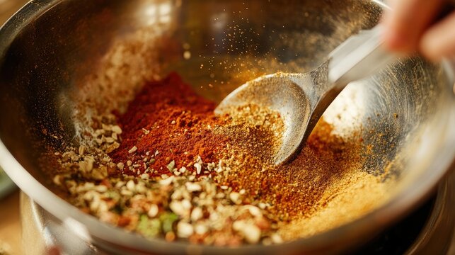 A birds eye view of a vibrant spice blend being mixed in a bowl, with spices like paprika, garlic powder, and cumin visible.