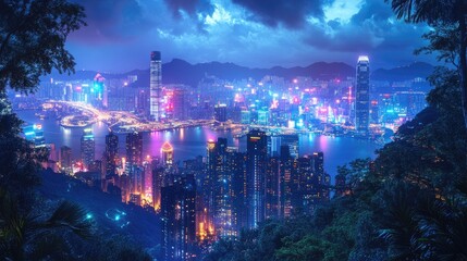 Luxurious computer-generated view of a city at night from the top of a hill, with glowing skyscrapers and vibrant lights, digitally rendered in detail