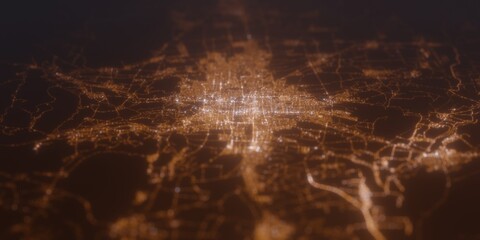 Street lights map of Bishkek (Kyrgyzstan) with tilt-shift effect, view from east. Imitation of macro shot with blurred background. 3d render, selective focus