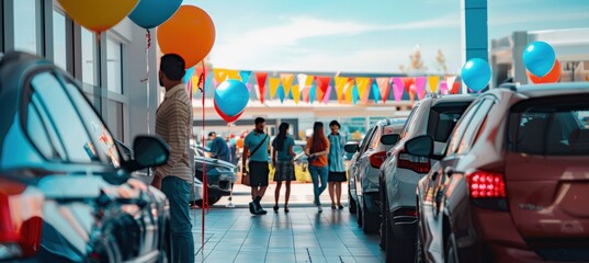 Columbus Day Car Dealership Sale Event with Colorful Balloons and Excited Customers