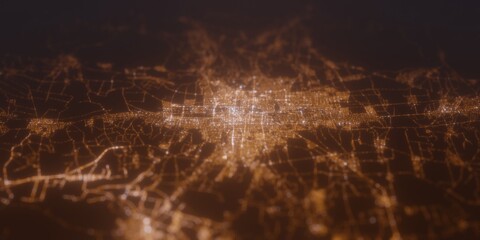 Street lights map of Bishkek (Kyrgyzstan) with tilt-shift effect, view from north. Imitation of macro shot with blurred background. 3d render, selective focus