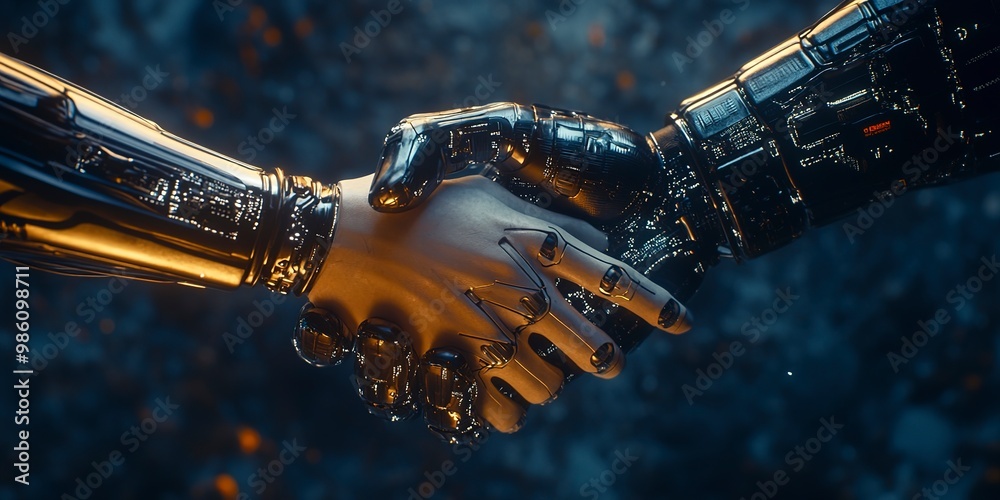 Sticker Unity in Innovation: A Handshake Between Human and Robot Against the Data Cosmos. Step into a vision of unity and technological advancement with this ultra