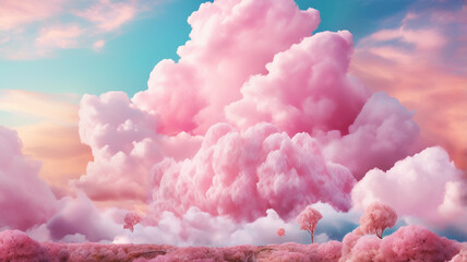 A whimsical world with cotton candy clouds and a pastel sky, evoking wonder and boundless imagination