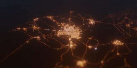 Street lights map of Chiclayo (Peru) with tilt-shift effect, view from east. Imitation of macro shot with blurred background. 3d render, selective focus