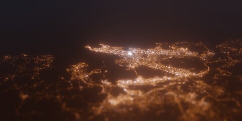 Street lights map of Mumbai (India) with tilt-shift effect, view from east. Imitation of macro shot with blurred background. 3d render, selective focus