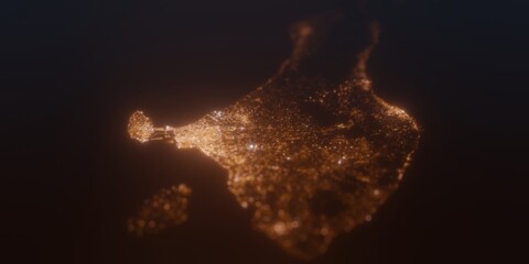 Obraz premium Street lights map of Bali (Indonesia) with tilt-shift effect, view from east. Imitation of macro shot with blurred background. 3d render, selective focus