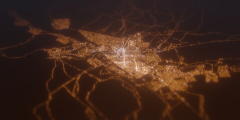 Street lights map of Atyrau (Kazakhstan) with tilt-shift effect, view from east. Imitation of macro shot with blurred background. 3d render, selective focus